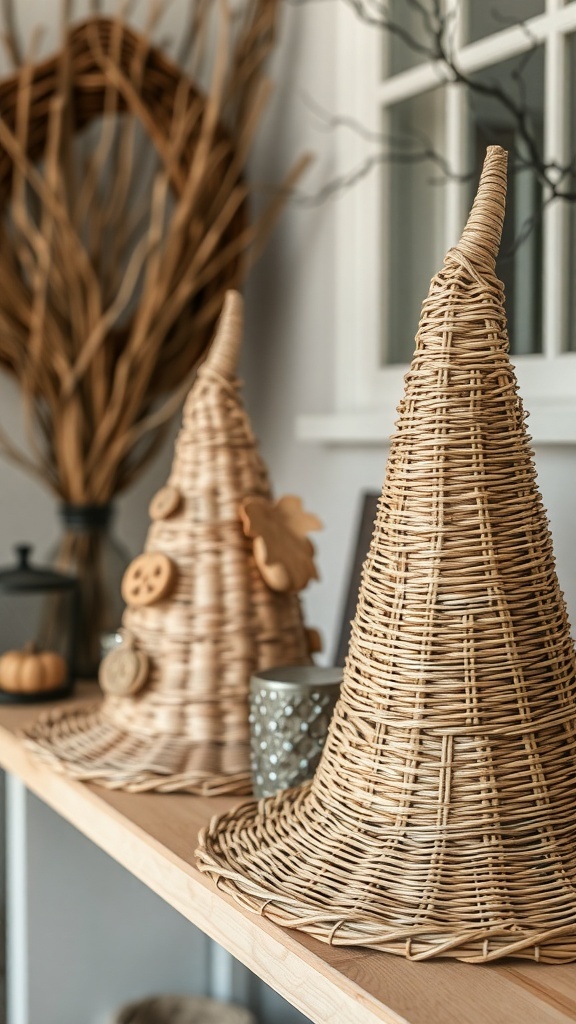 Two wicker witch hats on a wooden shelf, surrounded by Halloween decorations.