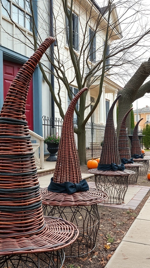 A row of wicker witch hats on display in a front yard, adding a unique touch to Halloween decorations.