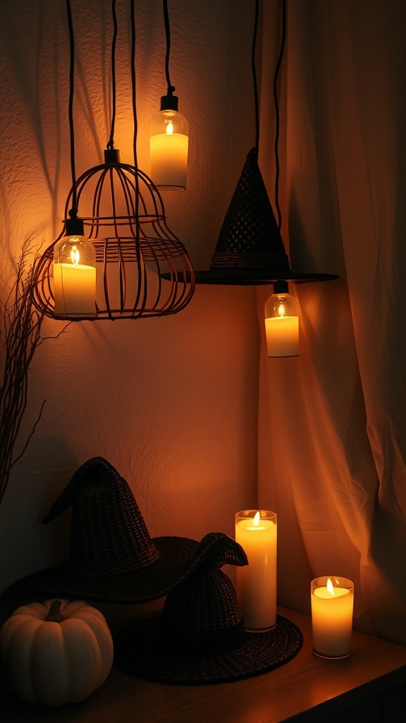 Wicker witch hats and candles creating a cozy Halloween decor
