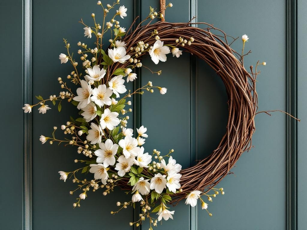 A willow branch wreath adorned with white flowers and buds, hanging on a teal wall.