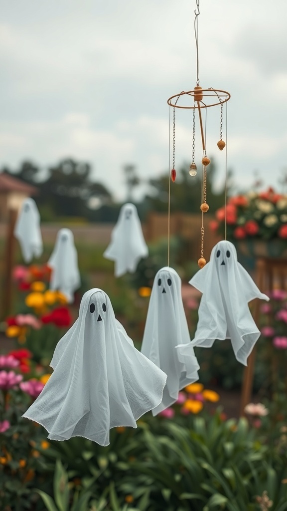 A collection of ghost figures hanging from a mobile, swaying in the wind among colorful flowers.