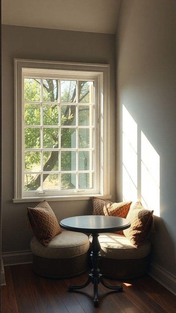 Cozy window-aligned dining nook with round table and cushions