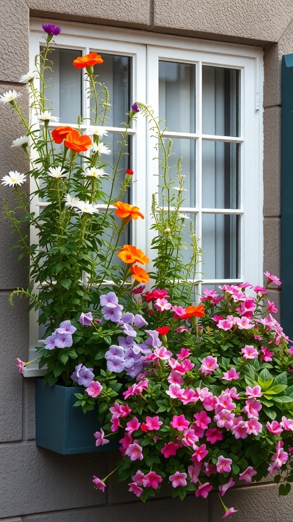 Colorful window box filled with tall flowers and vibrant blooms
