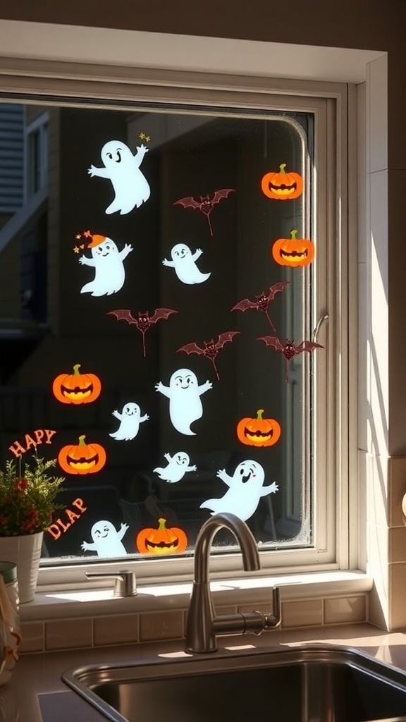 Colorful Halloween window clings featuring ghosts, bats, and pumpkins on a kitchen window.