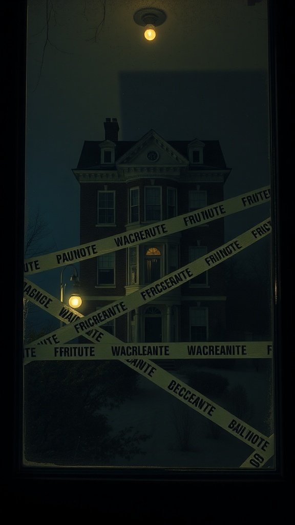 A house with fright tape crisscrossed over the window, creating a spooky atmosphere.