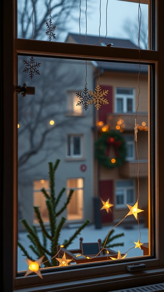 A cozy window decorated with snowflakes and star lights, creating a festive atmosphere.