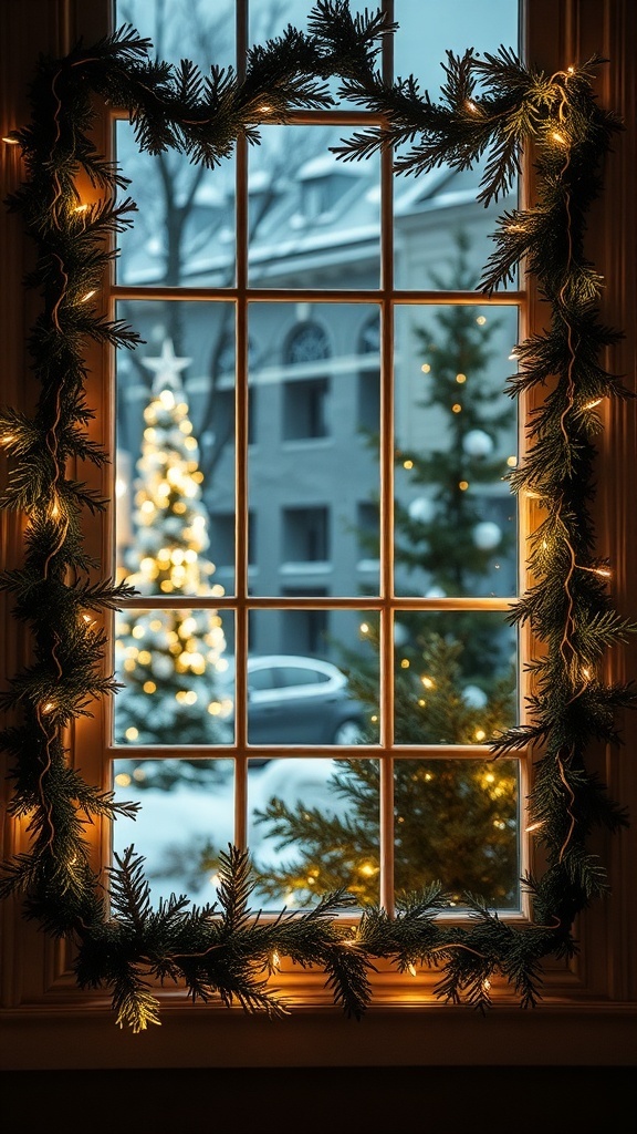 A window framed with evergreen garlands and warm white lights, showcasing a snowy outdoor scene with a decorated tree.