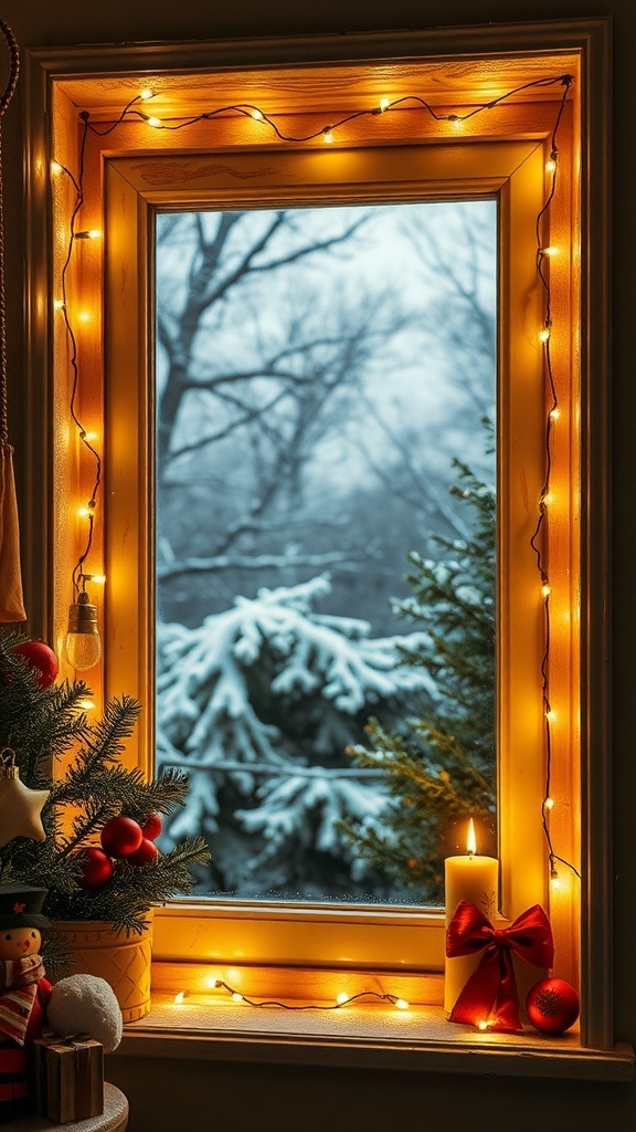 A cozy window frame adorned with fairy lights, showcasing a snowy outdoor scene.