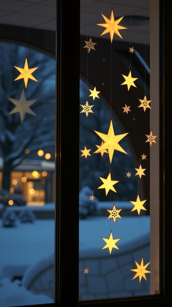 A cozy window decorated with glowing stars and snowflakes, creating a festive atmosphere.