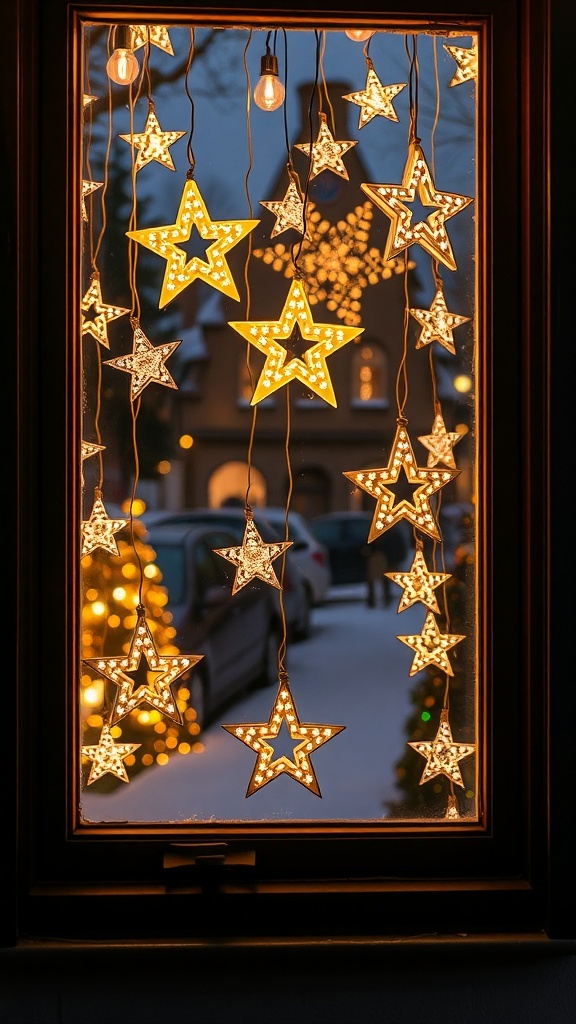 A window decorated with star-shaped lights glowing warmly against a snowy backdrop.