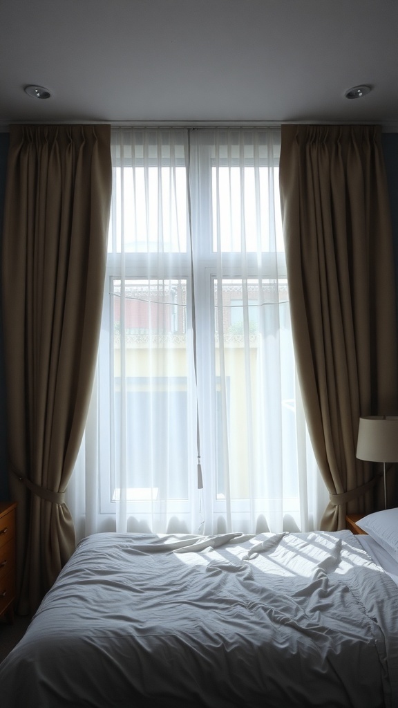 A cozy bedroom with soft curtains and sheer panels, allowing light while ensuring privacy.