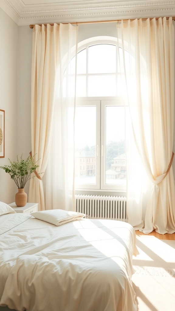 A bright bedroom with sheer beige curtains, a white bed, and a plant by the window.