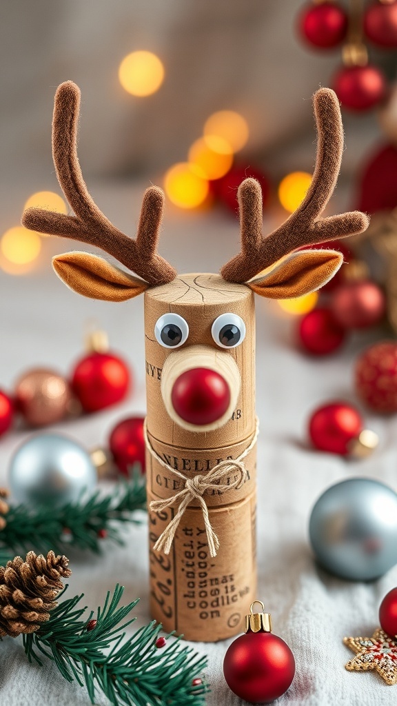 A cute wine cork reindeer with googly eyes and felt antlers, surrounded by Christmas ornaments.