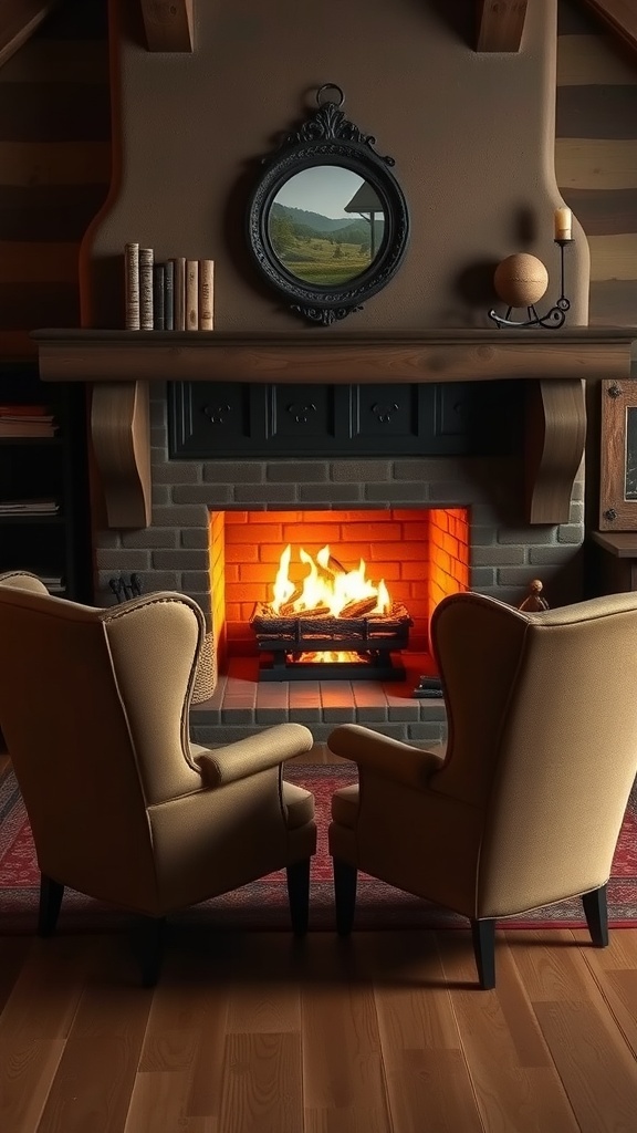 Two wingback chairs facing a fireplace with a warm glow.