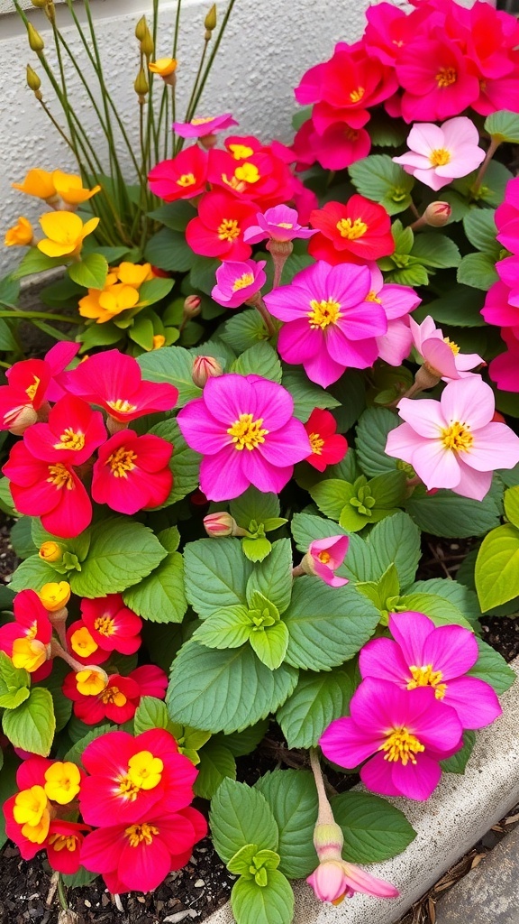 A vibrant display of winter-flowering begonias in pink, red, and yellow hues, showcasing their compact and colorful blooms.