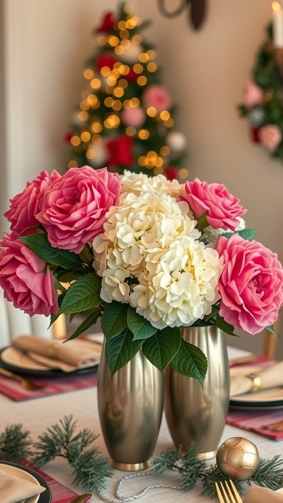 A floral arrangement featuring pink roses and white hydrangeas in metallic vases, with a Christmas tree in the background.