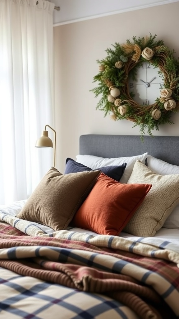 A cozy bed with layered pillows and blankets in warm tones, featuring a neutral wreath on the wall.
