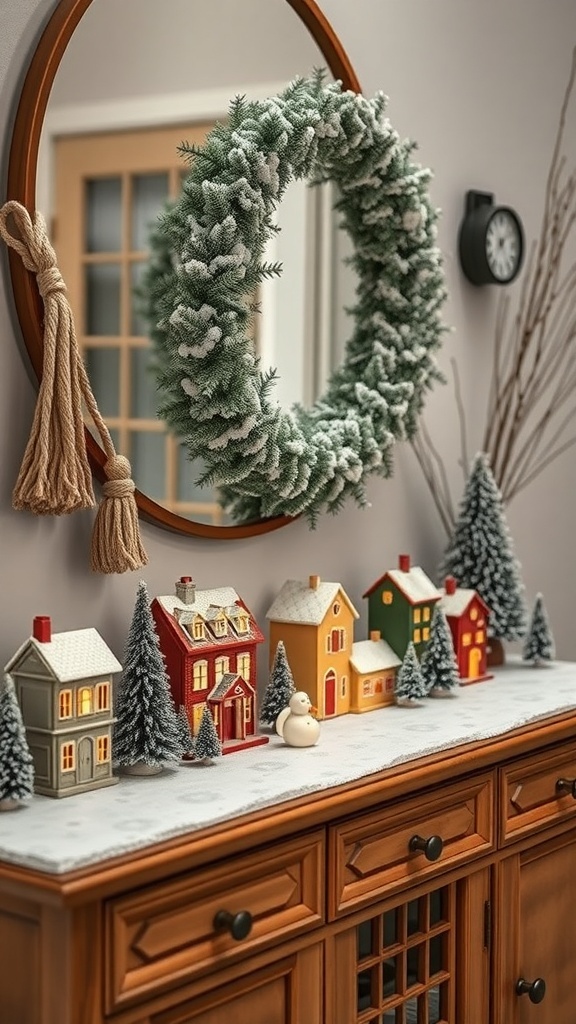 A winter village display featuring colorful ceramic houses, evergreen trees, and a frosted wreath.