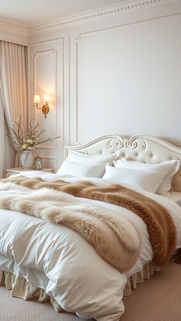 A cozy bedroom featuring white bedding layered with a faux fur throw, creating a warm and inviting winter atmosphere.