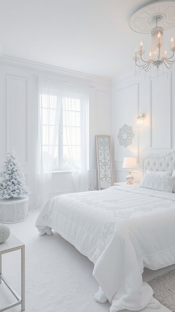 A cozy bedroom decorated in all white for Christmas, featuring a white bedspread, a small white Christmas tree, and elegant lighting.