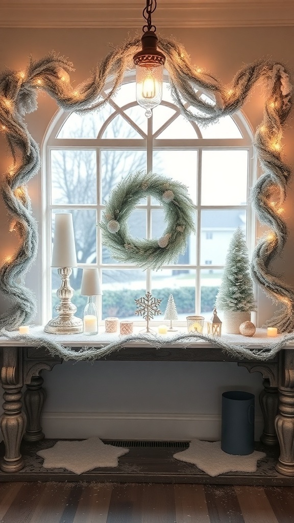 A beautifully decorated entryway table featuring a winter wonderland theme with white and frosted decor, candles, and a wreath.