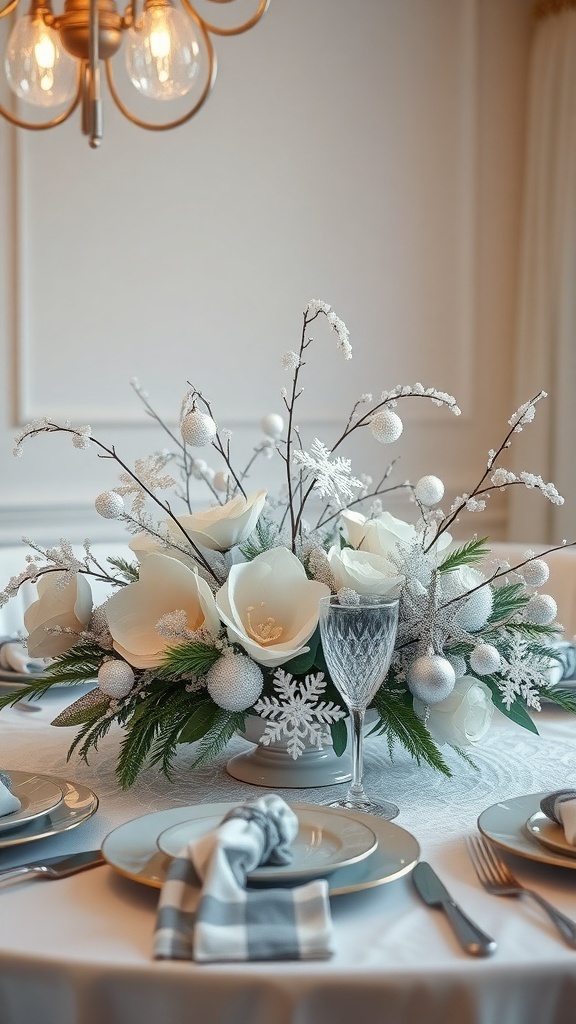 A winter-themed centerpiece featuring white flowers, faux snow, and decorative ornaments on a dining table.
