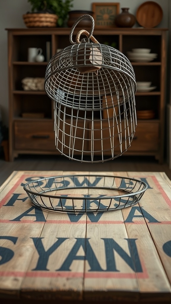 A wire basket styled as a coffee table tray, placed on a wooden table with a rustic design.