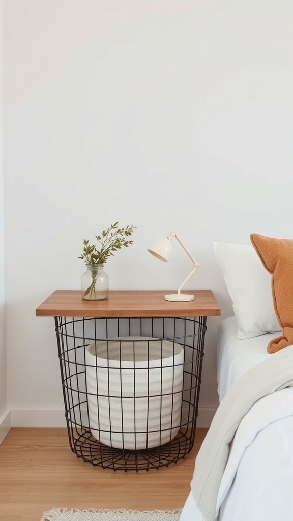 A stylish nightstand alternative featuring a wooden top and a wire basket base, showcasing a lamp and a small vase.