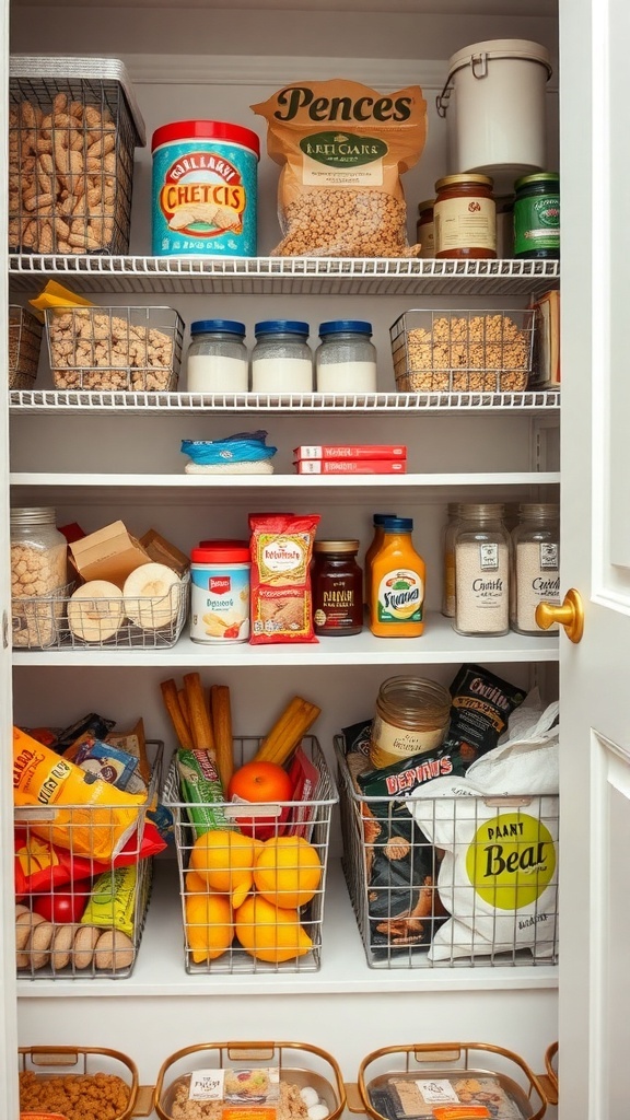 Organized pantry with wire baskets holding snacks, canned goods, and baking supplies.