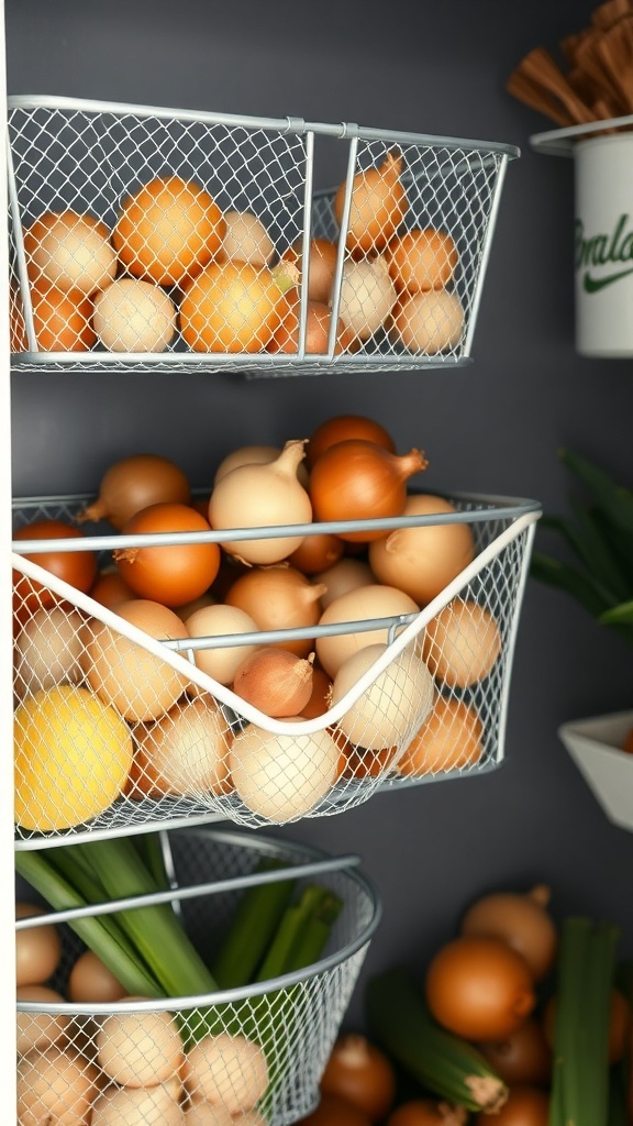 Wire mesh baskets filled with onions, leeks, and a lemon, showcasing a clean and organized pantry.