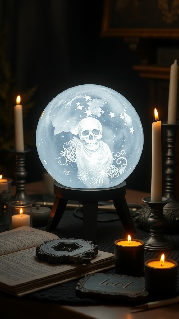 A glowing crystal ball lamp with a skull design, surrounded by candles and a book, creating a mystical atmosphere.