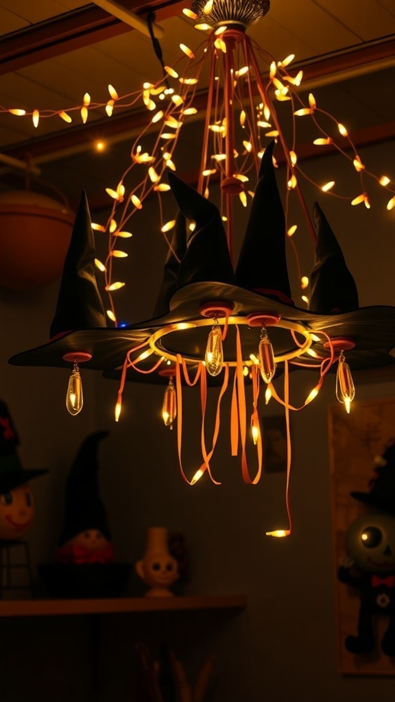 A chandelier decorated with black witch hats and twinkling lights.