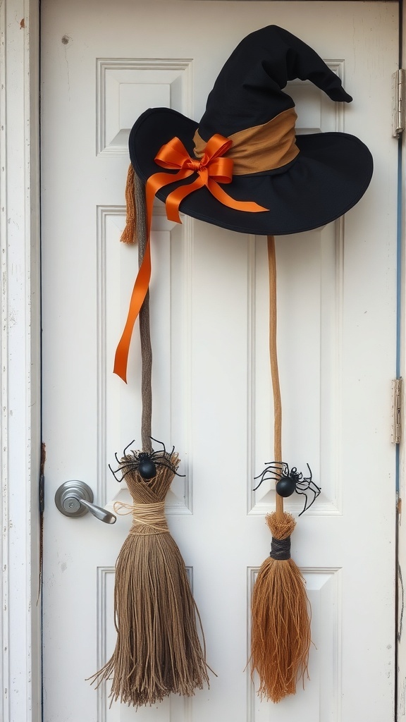 A witch hat door hanger with broomsticks and spiders, perfect for Halloween decoration.