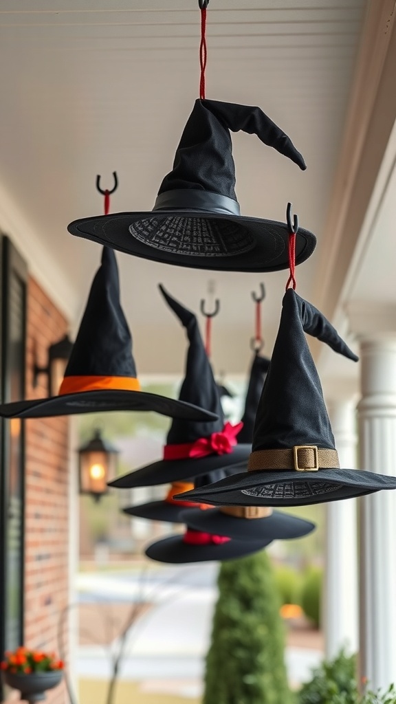 Hanging witch hats on hooks, creating a whimsical Halloween porch decor