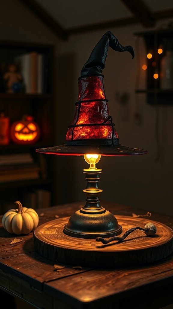 A lamp with a witch hat shade glowing warmly on a wooden table, surrounded by autumn decor.