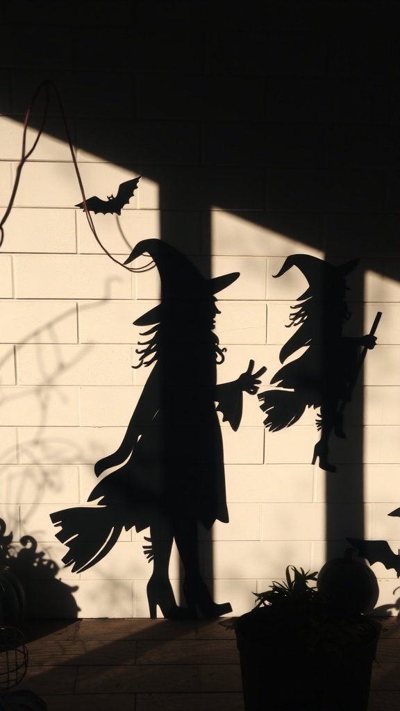 Silhouettes of witches and bats casting shadows on a wall