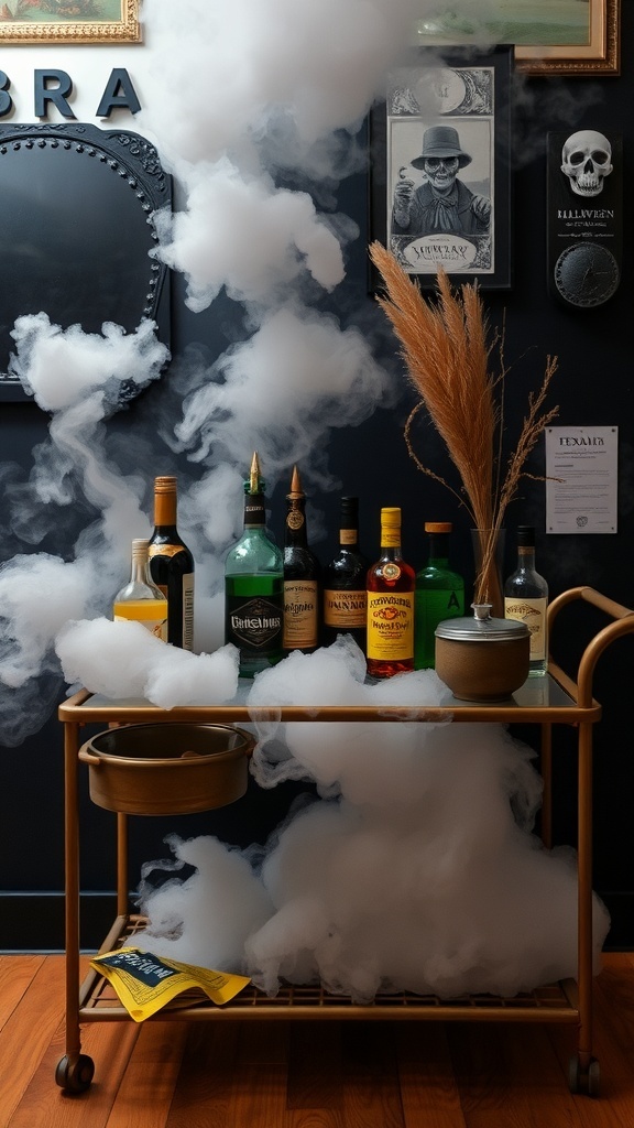 A Halloween-themed balcony bar with potion bottles, dry ice smoke, and spooky decorations.