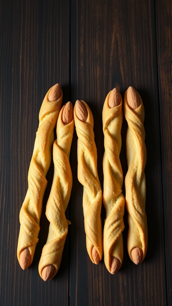 A plate of Witch's Finger Breadsticks shaped like fingers with almond slices as nails.