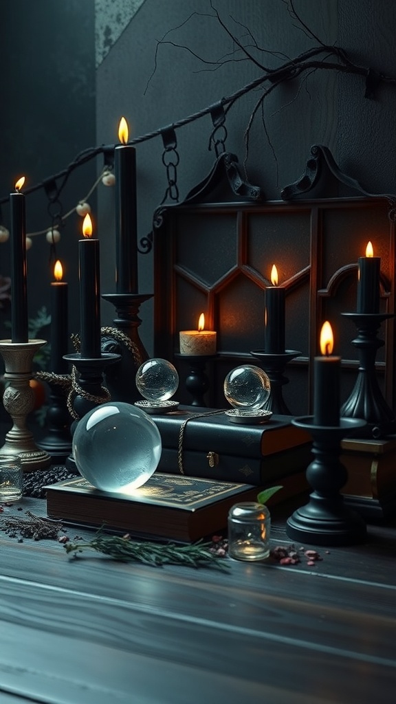 A witchy altar setup featuring black candles, crystal balls, and spell books.