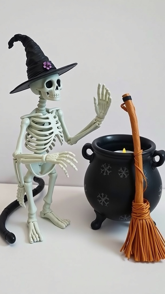 Witchy skeleton cat tealight holder with a black cauldron and broom.