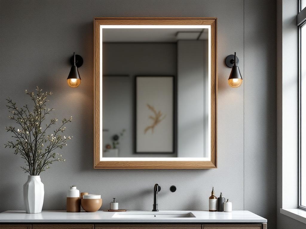 A stylish wood-framed smart mirror with integrated LED lighting above a modern sink and decor.