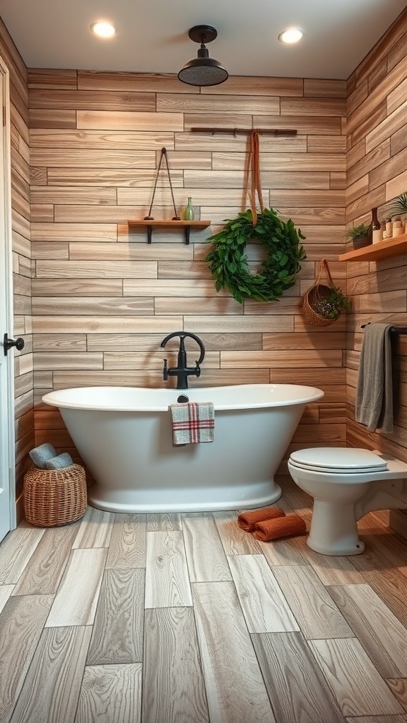 A rustic bathroom featuring wood-look porcelain tiles on the walls and floor, a freestanding tub, and decorative elements.