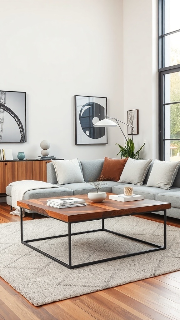 Wood and metal hybrid sofa table in a modern living room setting