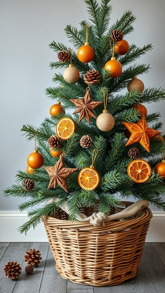 A Christmas tree decorated with wooden ornaments, pinecones, and dried orange slices, placed in a woven basket.