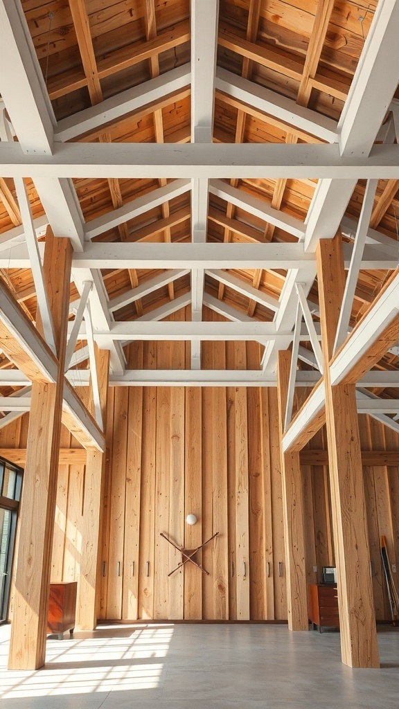 Interior view of a room with wooden beams and a painted ceiling, showcasing a harmonious blend of materials.