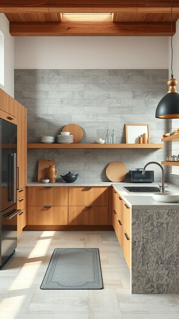 A modern kitchen featuring a combination of wooden cabinetry and stone countertops, with natural light illuminating the space.