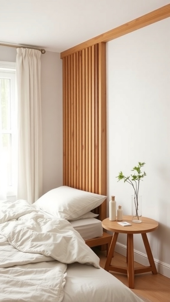 A modern bedroom featuring a wood slat headboard, soft bedding, and a minimalist design.