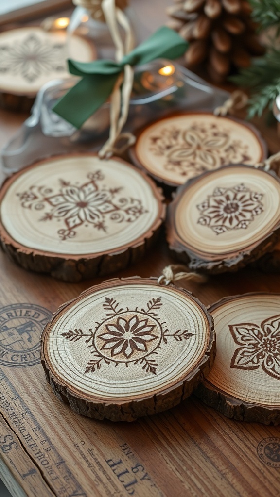 Wood slice ornaments with intricate designs and twine loops, displayed on a wooden surface with pinecones and candles.
