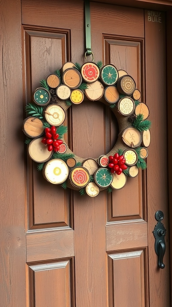 A wood slice wreath decorated with colorful wood slices, red berries, and green foliage, hanging on a brown door.