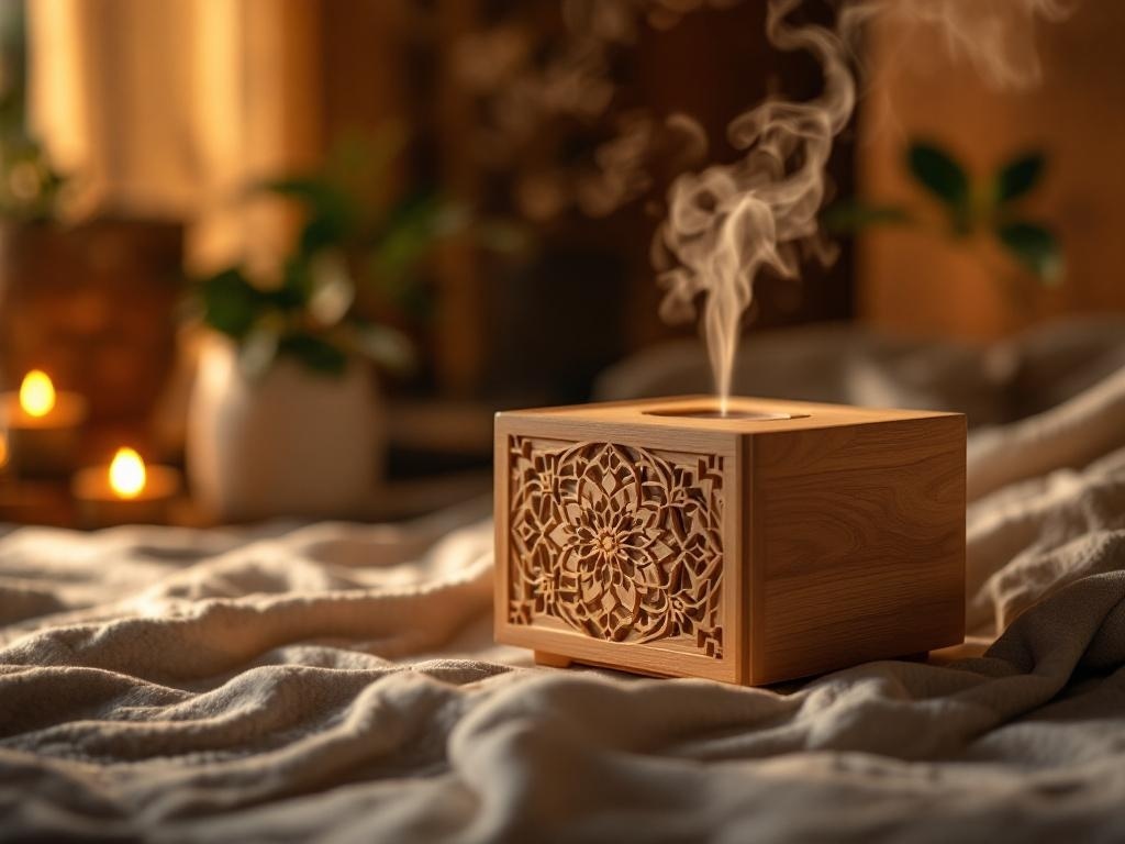 A wooden aromatherapy LED diffuser box with intricate carvings, emitting gentle steam and soft light, placed on a cozy blanket.